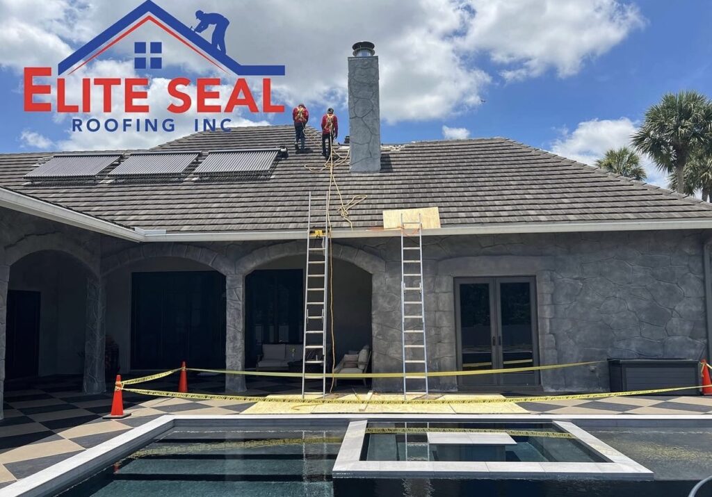roof being replaced by elite seal roofing inc